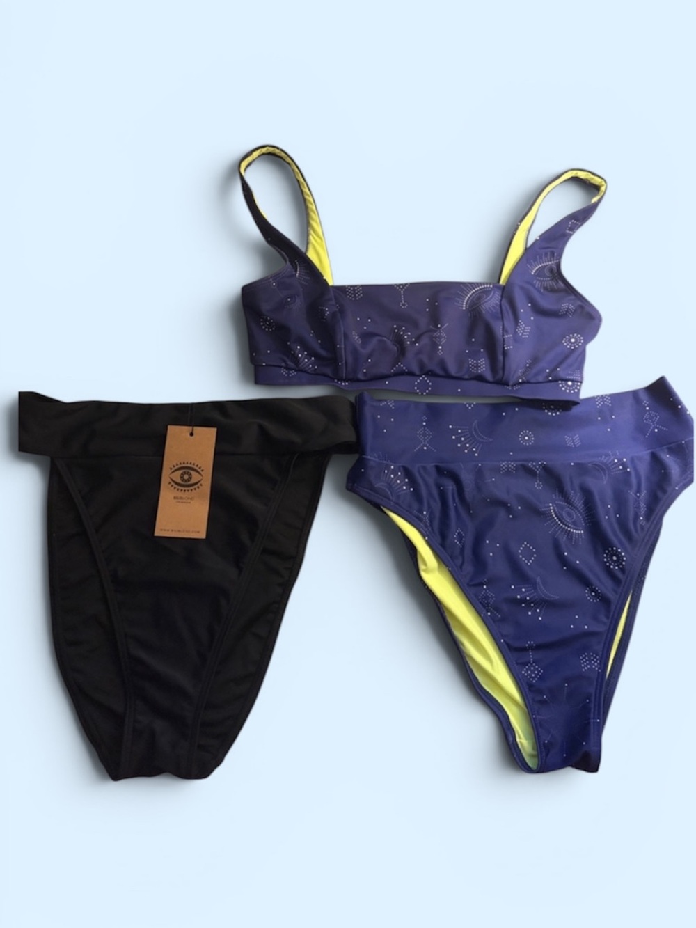 Biliblond 3 Piece Bikini Set Celestial Print Swimwear Extra Black Bottom M/L